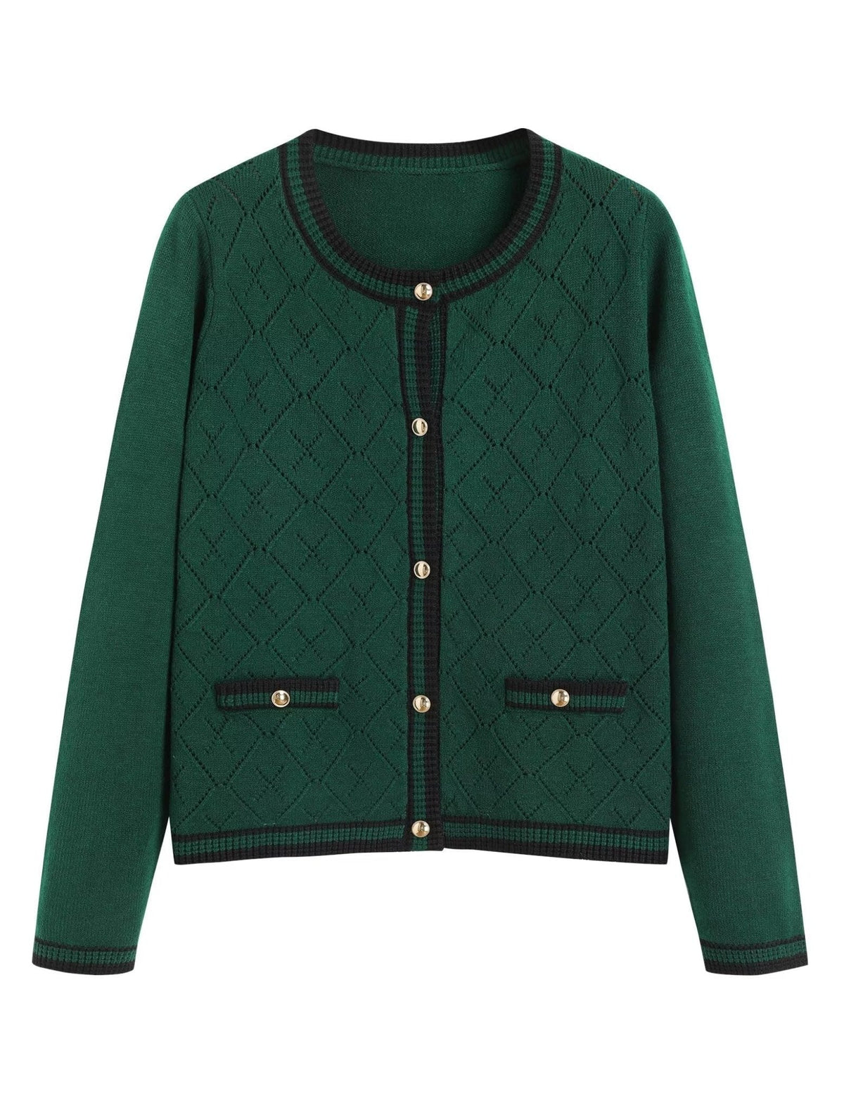 Dark green knit cardigan with diamond pattern, button front, gold-tone buttons, long sleeves