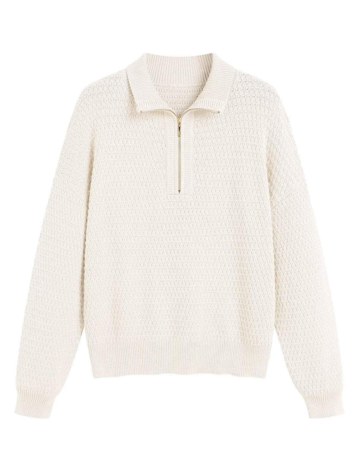 Women\u2019s quarter-zip knit sweater, white textured knit with ribbed collar and cuffs