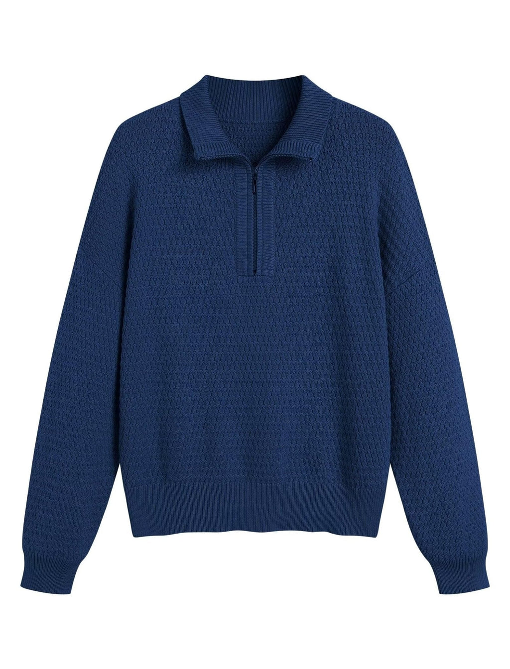 Women\u2019s quarter-zip knit sweater, blue textured knit with ribbed collar and cuffs