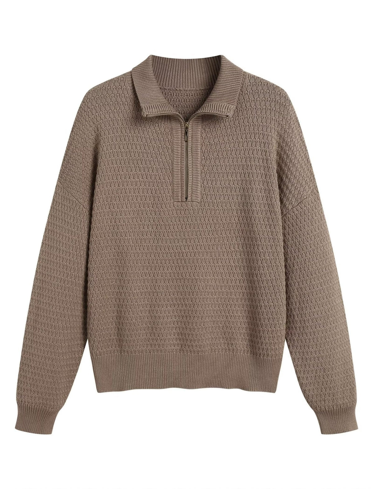 Coffee-brown quarter-zip textured knit pullover sweater with ribbed collar and long sleeves.