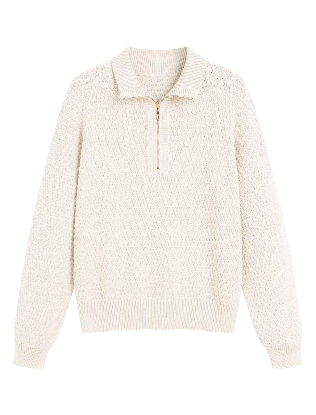 Women’s quarter-zip textured knit sweater, long sleeve, V-neck collar, off-white