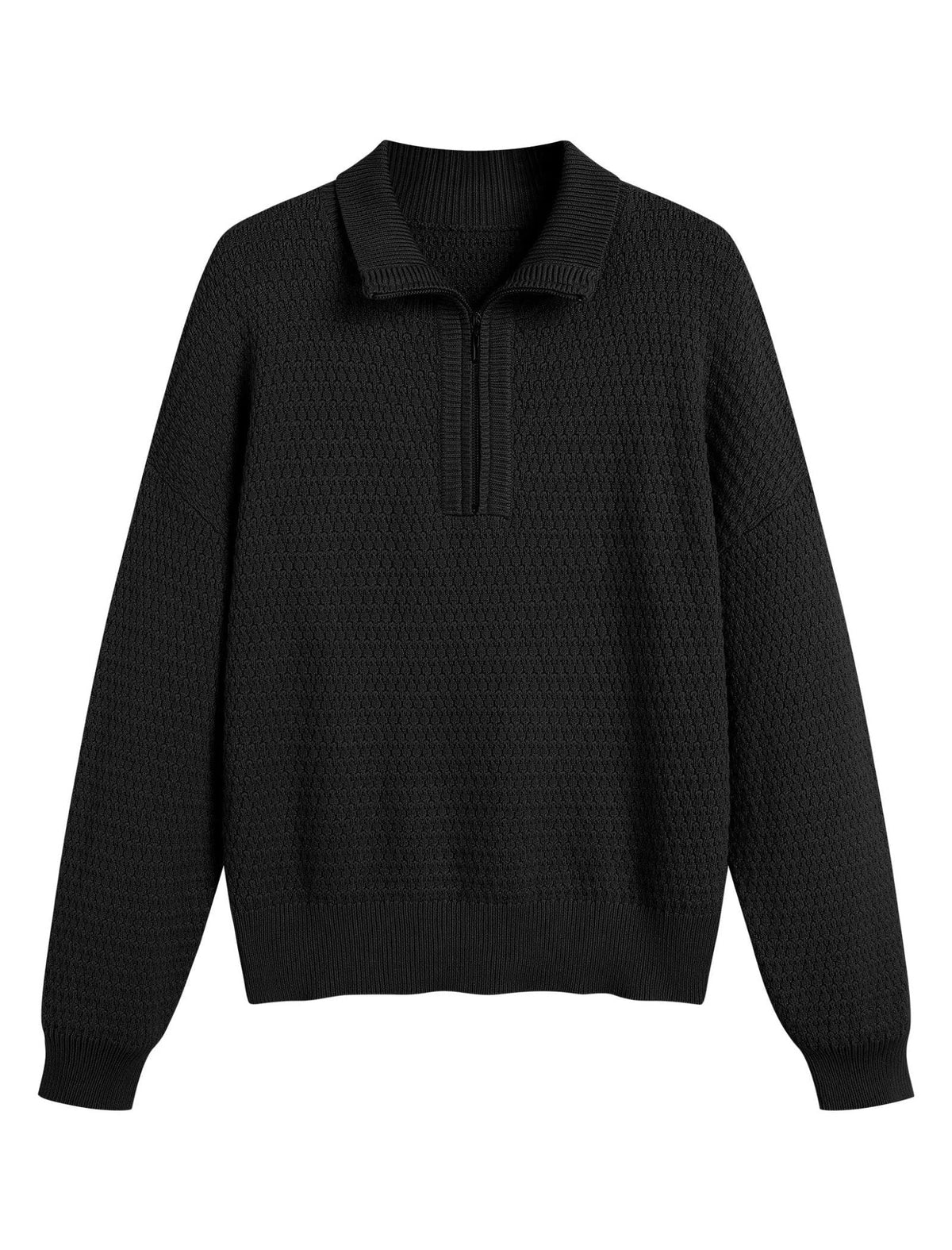 Black quarter-zip textured knit pullover sweater with ribbed collar and long sleeves.