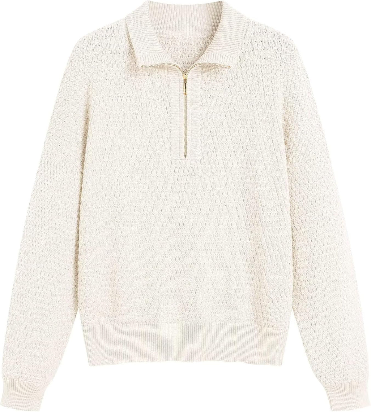 Off-white quarter-zip knit pullover sweater with ribbed collar and long sleeves.
