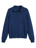 Women’s quarter-zip textured knit sweater, long sleeve, V-neck collar, navy blue
