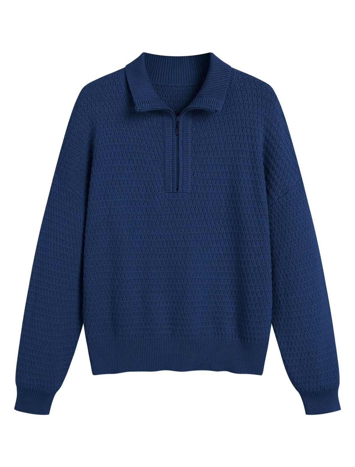 Women’s quarter-zip textured knit sweater, long sleeve, V-neck collar, navy blue