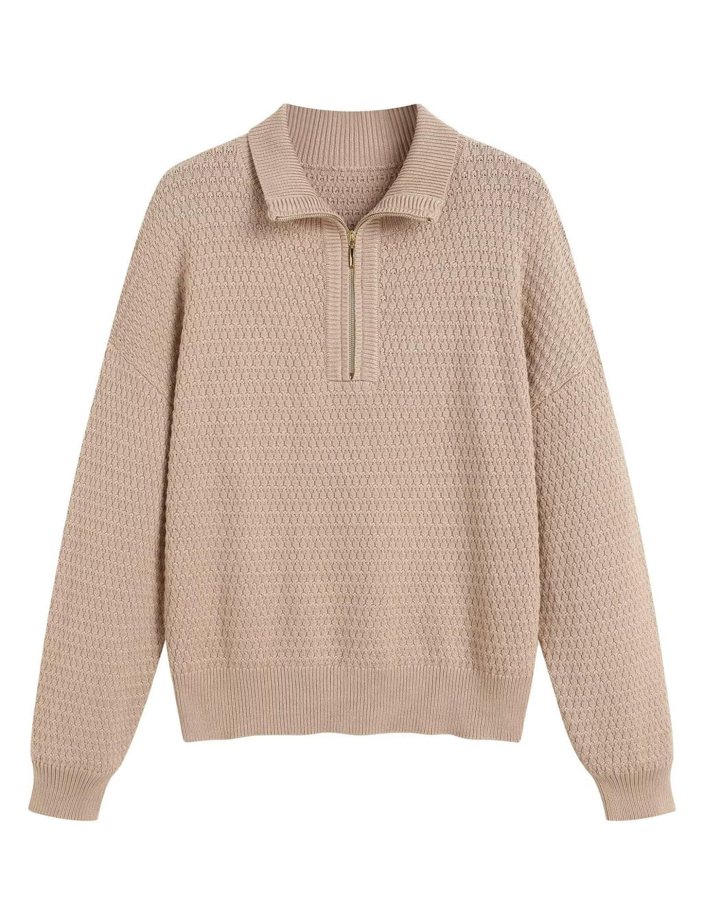 Women’s quarter-zip textured knit sweater, long sleeve, V-neck collar, light taupe
