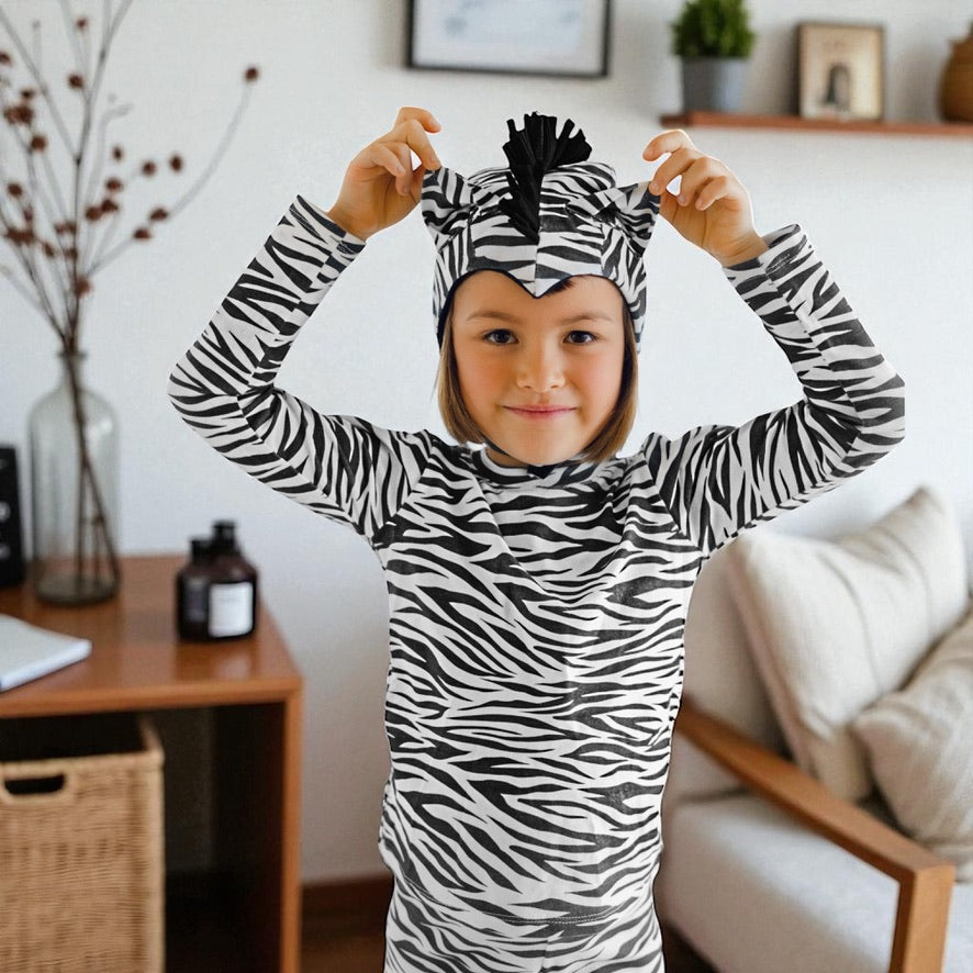 Kids zebra-print jumpsuit with long sleeves and matching headband with black tuft