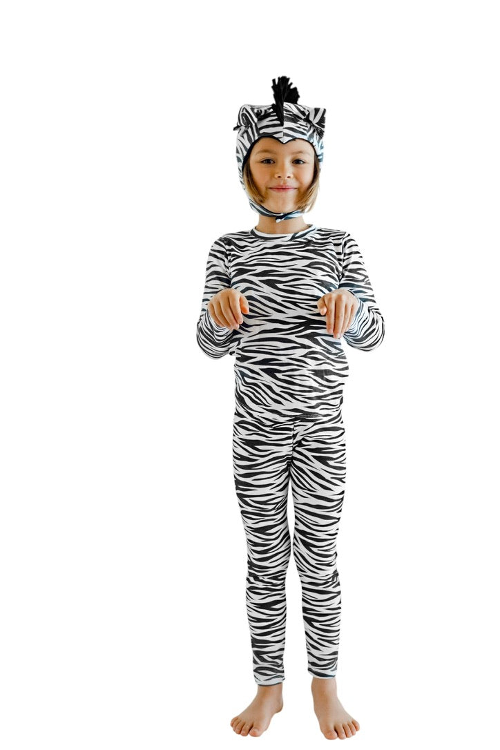 Kids zebra-print one-piece with long sleeves and matching headband, front view