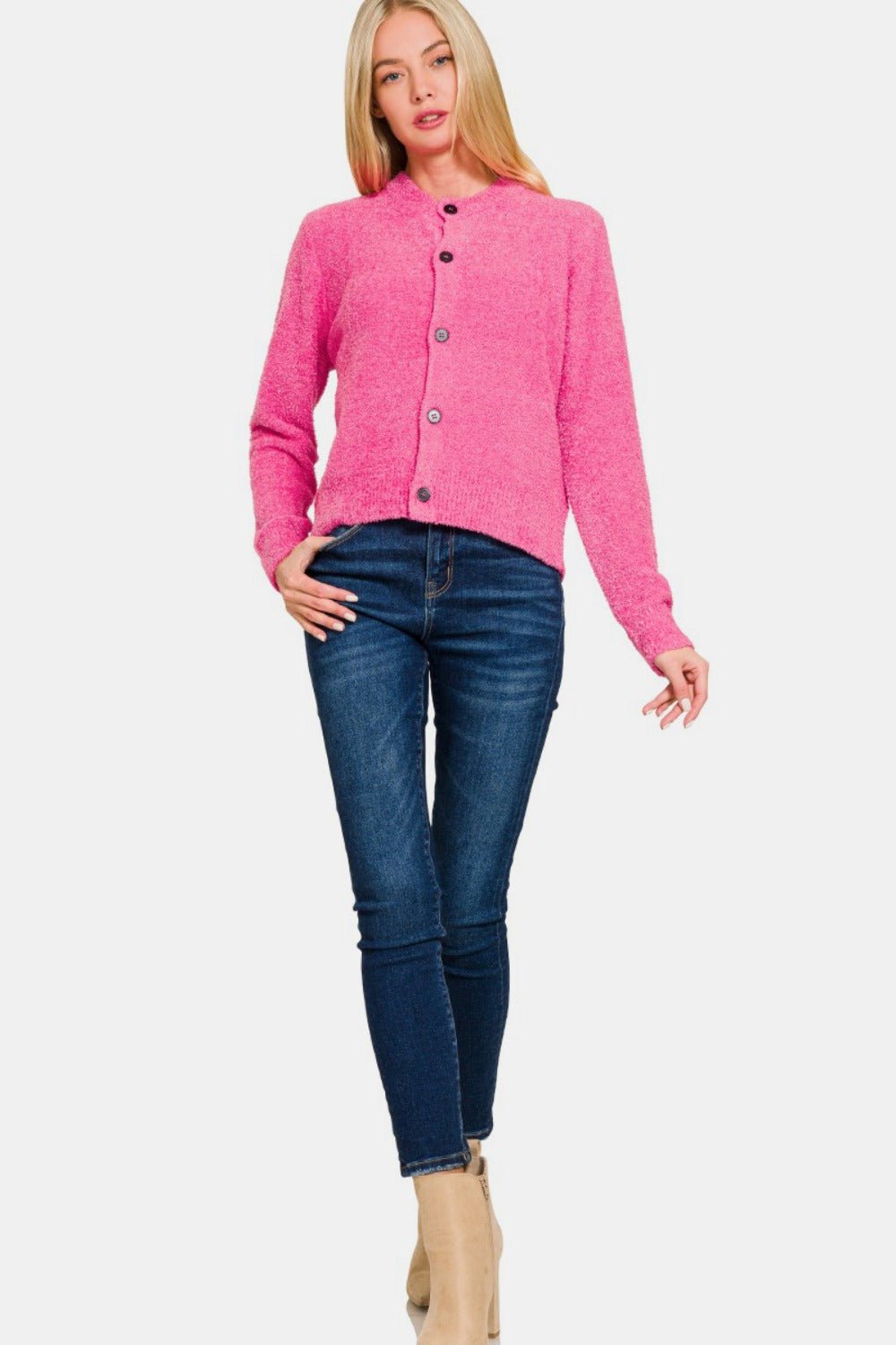 Fuchsia button-front long-sleeve cardigan sweater with full-length sleeves