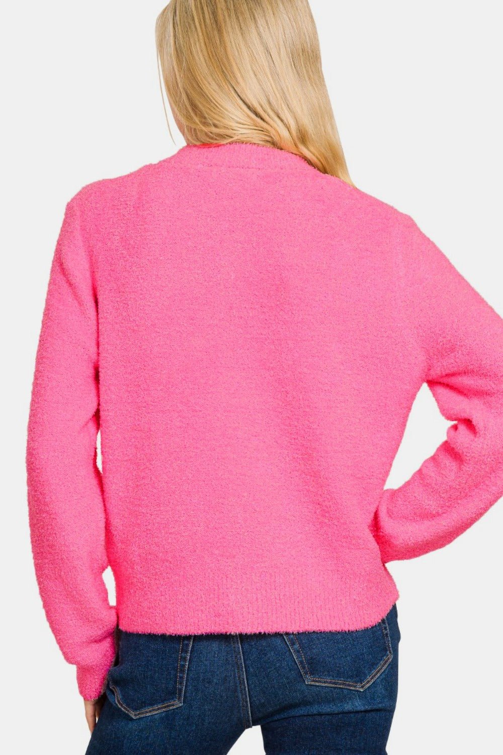 Fuchsia knit long-sleeve cardigan sweater back view with ribbed hem
