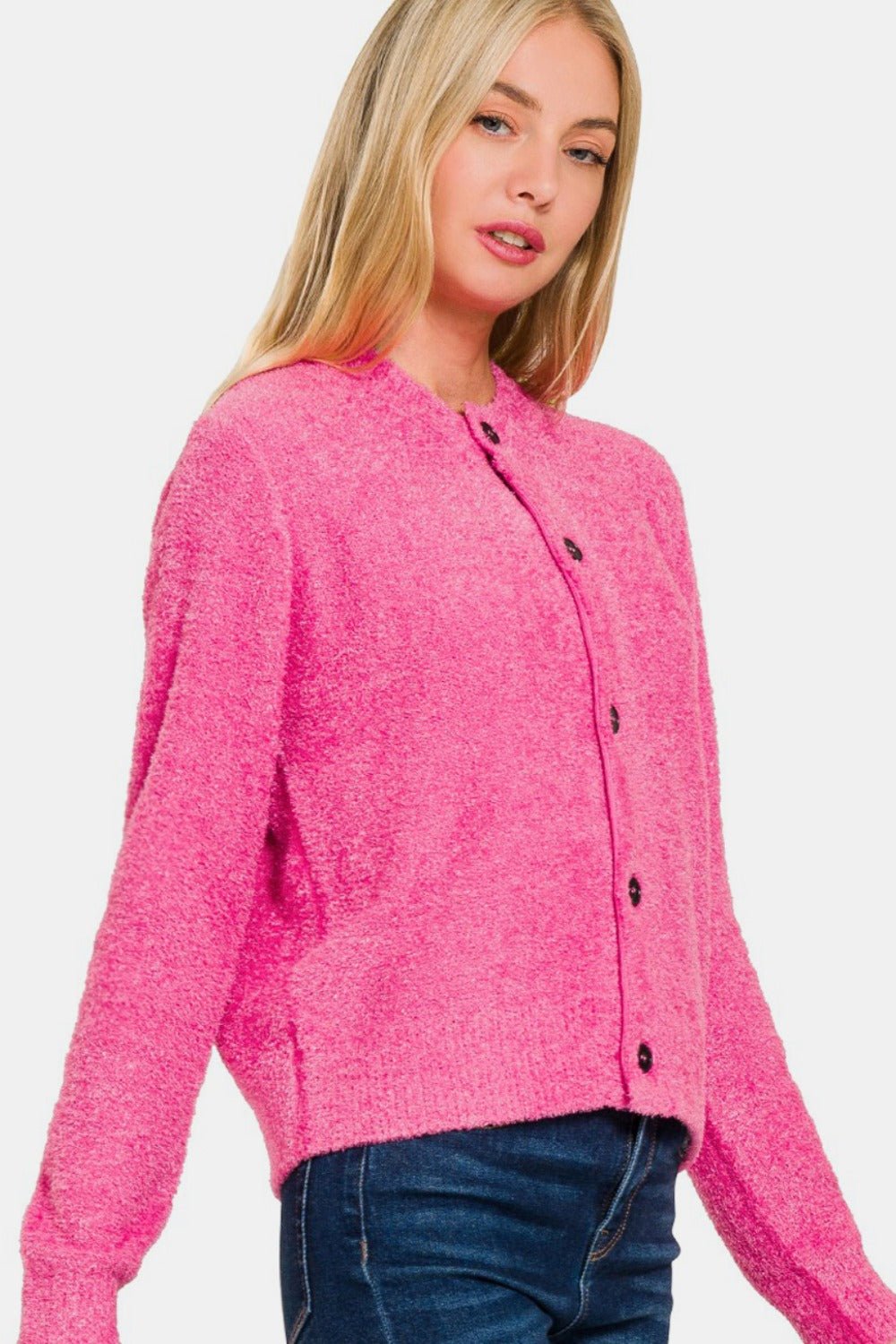 Fuchsia knit button-front long-sleeve cardigan sweater with curved neckline