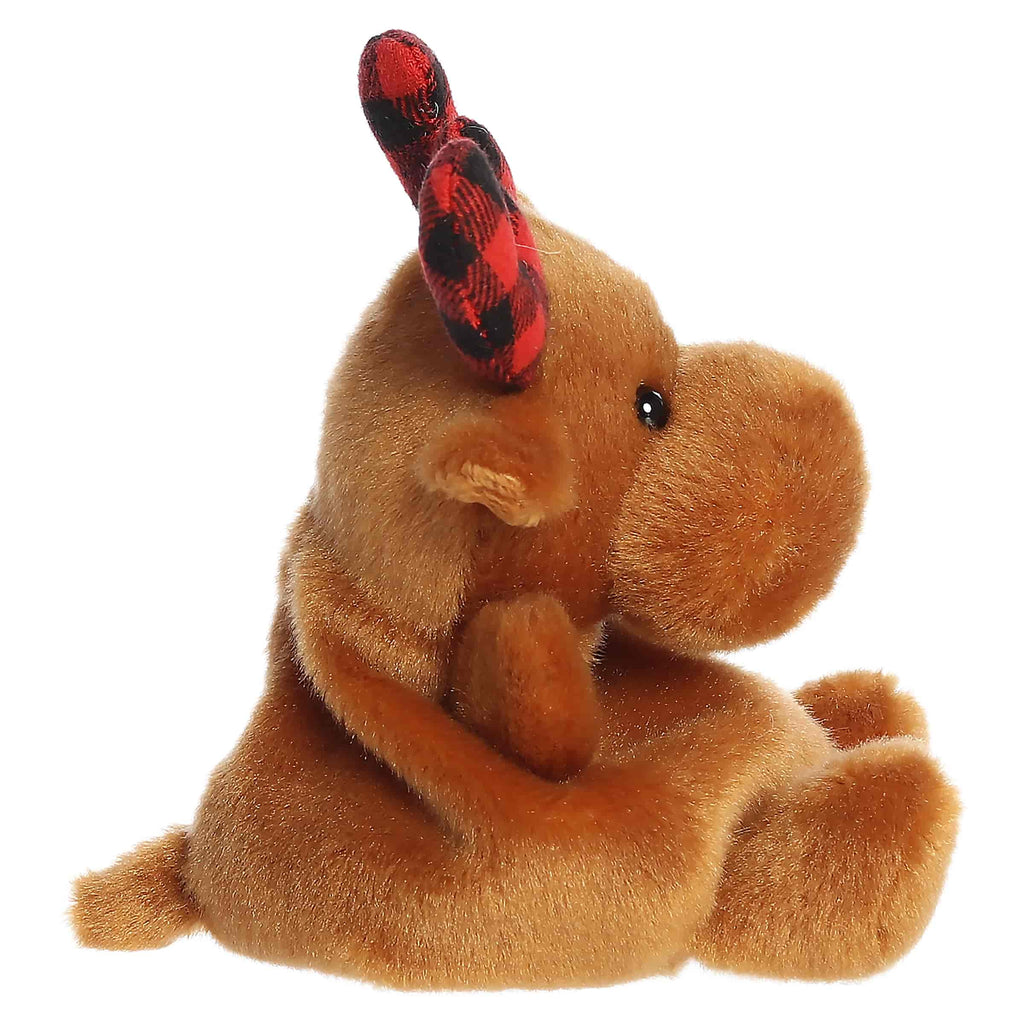 Plush moose stuffed animal with red plaid antlers, sitting pose, tan plush