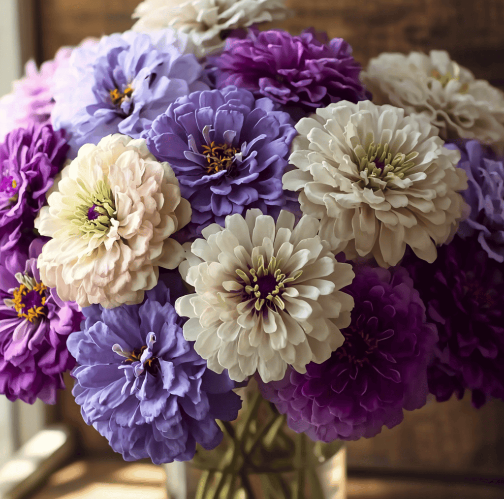 Lavender, purple, and cream zinnia flower heads in a dense bouquet