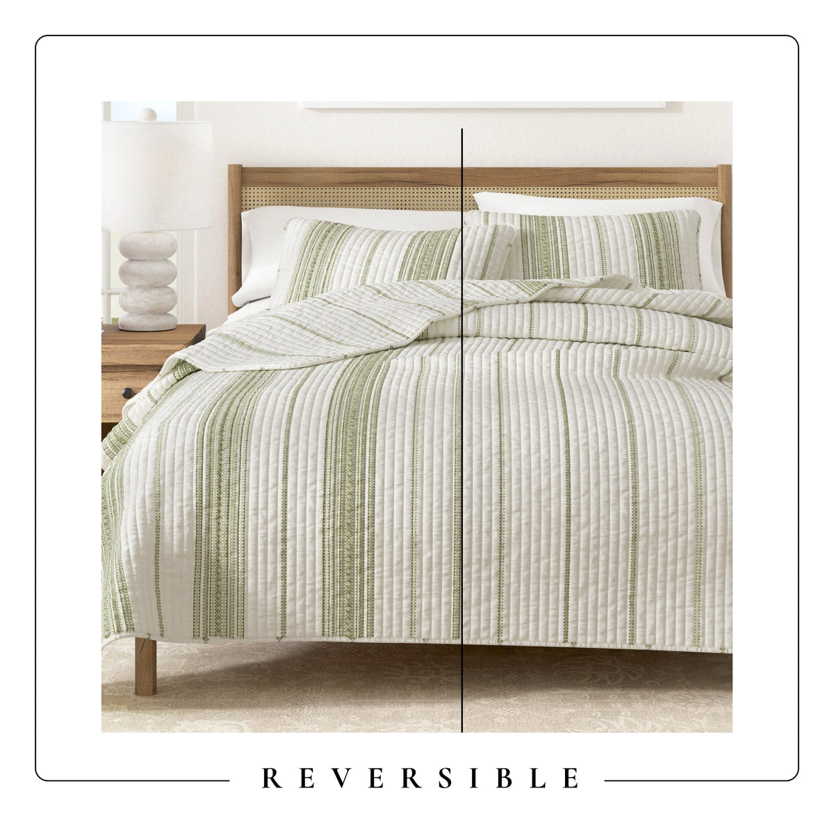 Cream and green striped quilt on a bed with layered channel quilting