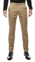 Khaki straight-leg chino pants with front fly and belt loops