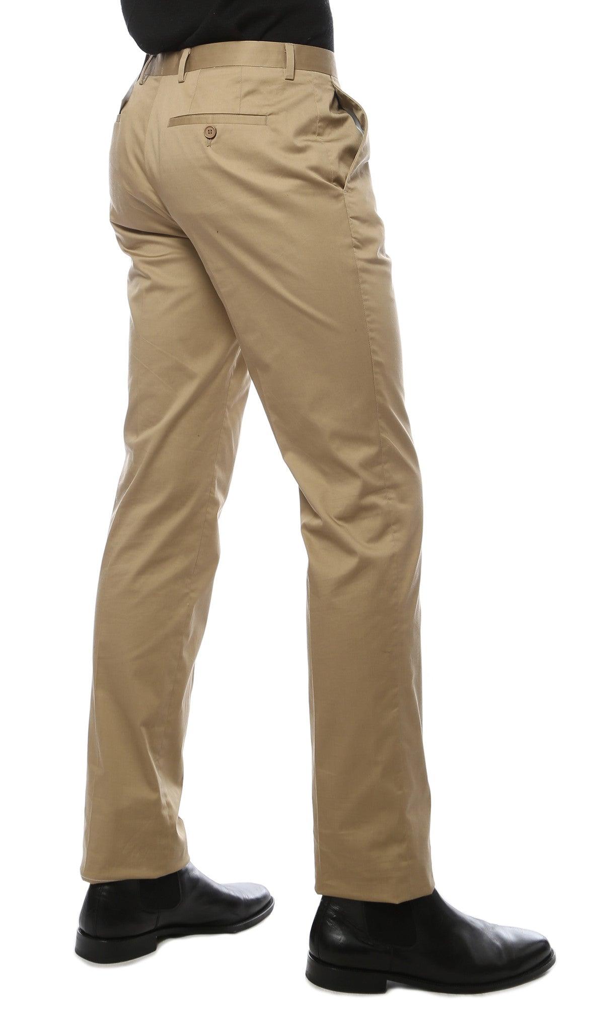 Khaki straight-leg chino pants back view with side seams and belt loops