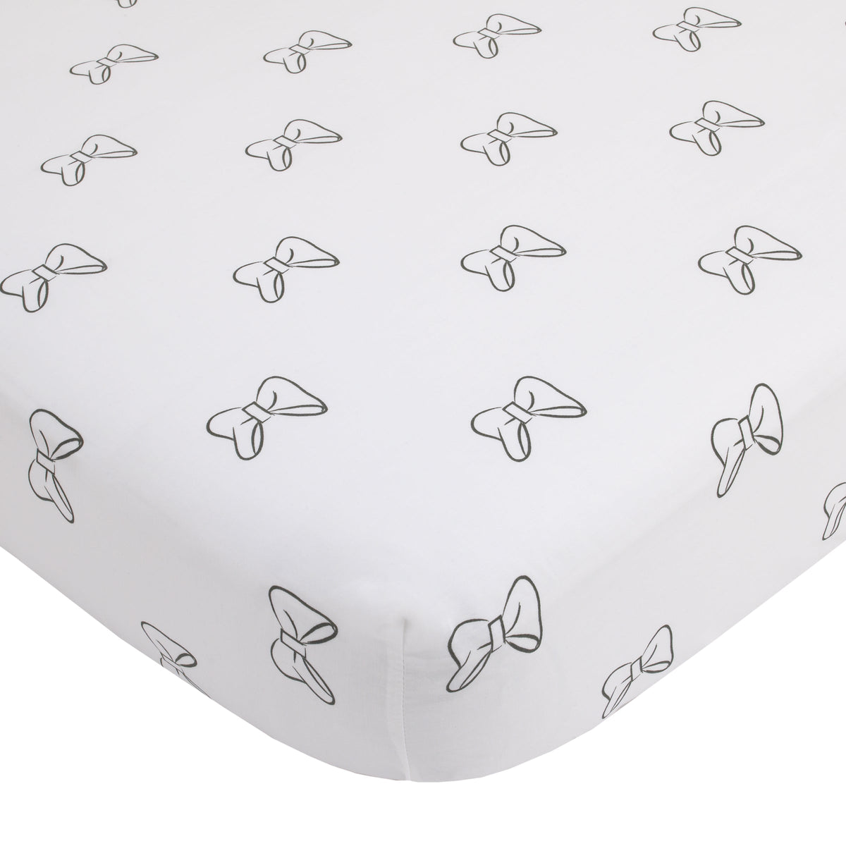 Crib fitted sheet with light grey background and Minnie Mouse bow pattern
