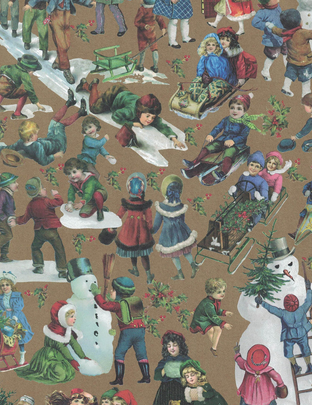 Christmas wrapping paper sheet with children playing and carrying gifts in a snowy scene