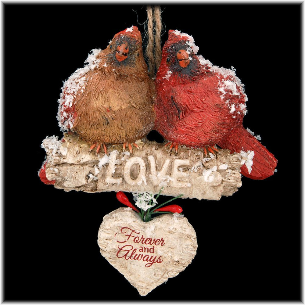 Two cardinals on birch branch ornament with "LOVE" banner and heart "Forever and Always"