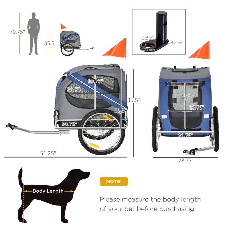 Pet bike trailer cargo cart side and front views with orange flag and metal frame